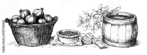 Bounty of the harvest displayed in a rustic kitchen with woven basket and wooden containers