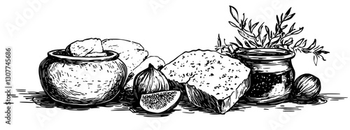 Engraved illustration of rustic culinary ingredients showcasing bread, cheese, and herbs for a serene dining experience