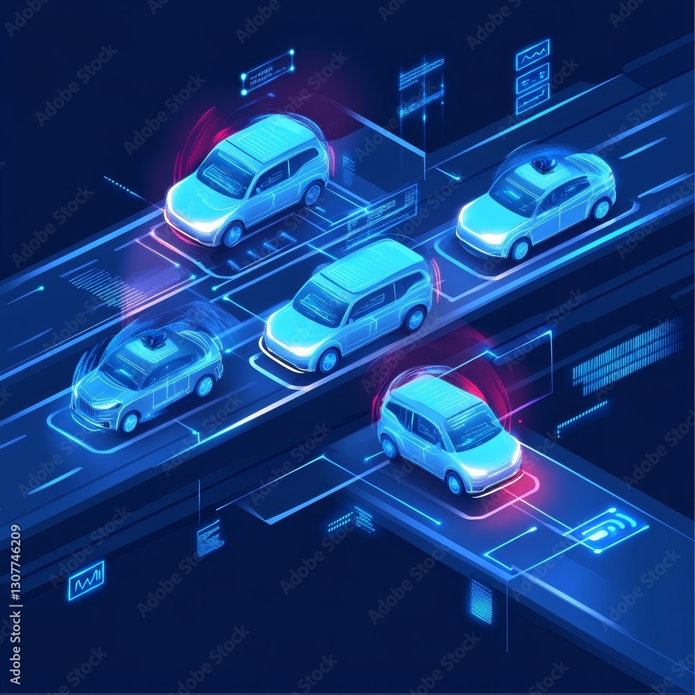 Naklejka premium High-tech cars on the road. 3d isometric vector illustration.