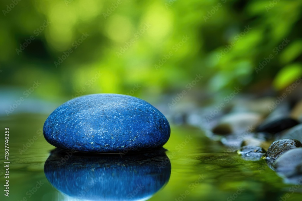 Naklejka premium Serene blue stone rests on calm water, reflecting nature's tranquility in a lush green setting.
