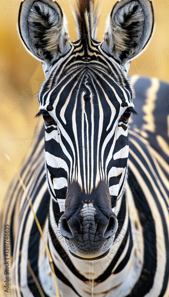 Naklejka premium Symmetrical Zebra Stripes Close-Up in Golden Savanna Setting for Nature Posters