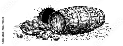 Detailed engraved illustration of a wooden barrel spilling nuts on a rustic ground