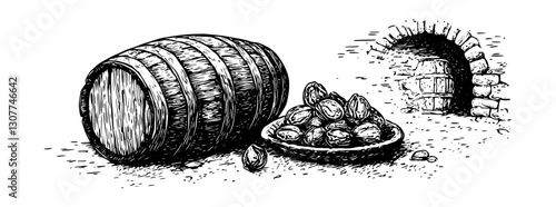 Crafting the perfect vintage with barrels and harvest at an artisanal winery in a rustic cellar