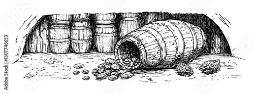 Engraved illustration of a wooden barrel spilling various nuts and spices in an artistic cellar setting