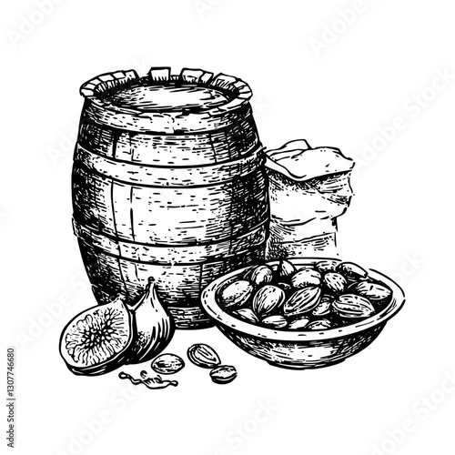 Engraved illustration of a rustic barrel with nuts and spices showcasing traditional culinary elements