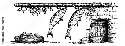 Engraved illustration of rustic fish drying in a traditional setting with baskets and a barrel