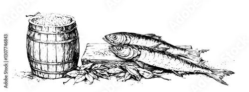 Engraved vector illustration of freshly caught fish beside a wooden barrel filled with salt on a rustic table