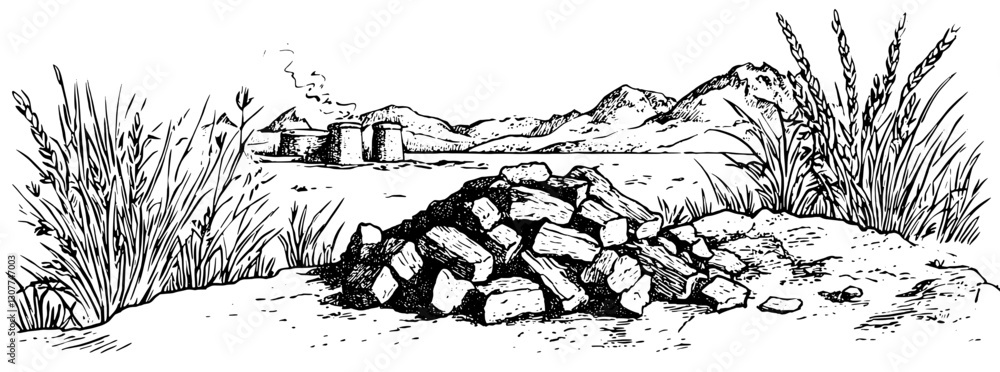 Obraz premium Engraved illustration capturing an ancient stone preparation site near mountains and a distant settlement