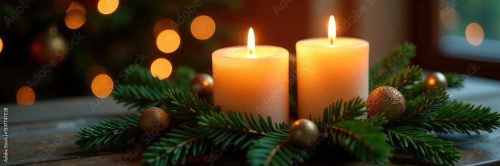 Shiny candles on evergreen wreath with soft lighting, Soft Lighting, Evergreen Wreath Shiny candles on evergreen wreath with soft lighting, Soft Lighting, Evergreen Wreath