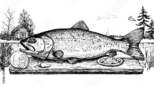 Engraved illustration of a freshly caught fish displayed on a wooden board with lemon and condiments by a serene lakeside setting