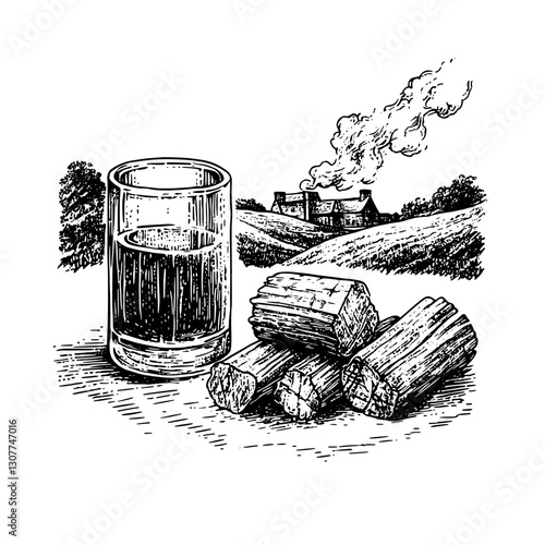 Engraved illustration capturing a rustic landscape with a glass of whiskey and firewood in the foreground at sunset