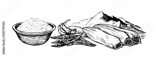 Culinary treasures highlighted in an engraved illustration featuring spices, mountains, and traditional ingredients in a rustic setting