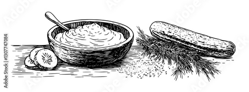 Fresh cucumber and creamy dip in a rustic kitchen setting evoke summer delights