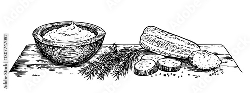 Seasonal harvest of fresh vegetables and creamy dressing set on a rustic wooden surface