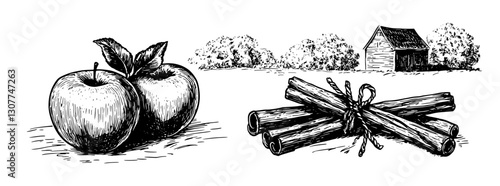 Engraved illustration of apples and firewood near a rustic cabin in a serene rural landscape during autumn