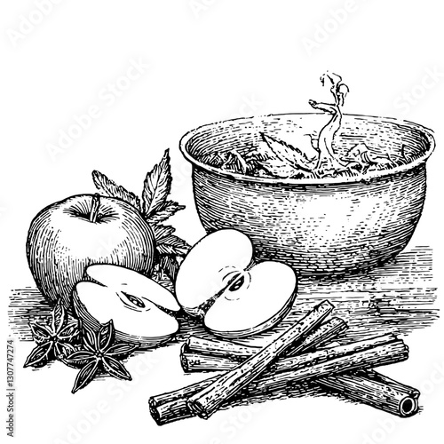 Engraved illustration of a bowl with sprouting herbs surrounded by fresh apples and fragrant cinnamon sticks