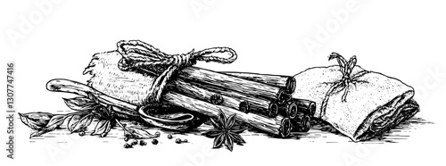 Culinary adventure with an array of spices and herbs on a rustic wooden table