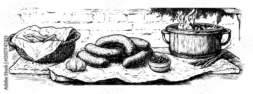 Engraved illustration of traditional food preparation with rustic ingredients and cooking vessels in a cozy kitchen setting