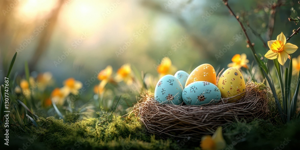 Vibrant pastel Easter eggs nestled in a natural nest surrounded by blooming flowers on a sunny spring day Vibrant pastel Easter eggs nestled in a natural nest surrounded by blooming flowers on a sunny spring day