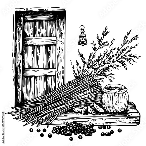 Engraved vector illustration of kitchen herbs and spices at a rustic wooden door