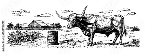 Engraved illustration of a longhorn cow near a rustic barn in a serene countryside setting under a clear sky