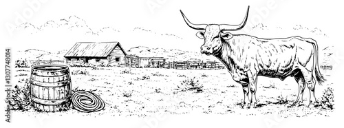 Rustic farm life illustrated with a longhorn cow, wooden barrel, and a quaint barn in a serene landscape