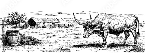 Rustic landscape featuring an engraved cow near a barn under a clear sky in a serene countryside setting