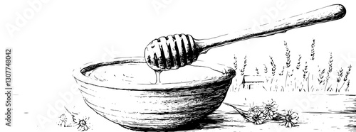 Engraved illustration of honey slowly dripping from a wooden dipper into a rustic clay bowl surrounded by soft flora