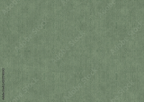 Hand-drawn unique abstract symmetrical seamless ornament. Dark semi transparent green on a light warm green background color. Paper texture. A4. (pattern: p14b)
