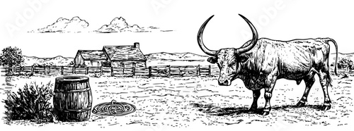Rustic ranch setting with a sturdy bull, wooden barrel, and rope near a quaint farmhouse