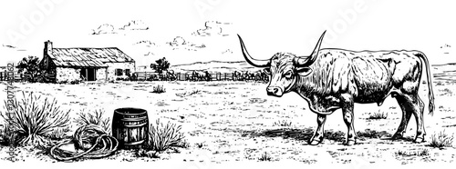 Rustic landscape featuring a longhorn cow near a homestead surrounded by open fields at dusk