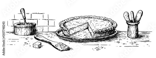 Deliciously crafted pie with rustic utensils on a wooden counter evokes a warm culinary atmosphere in a vintage kitchen