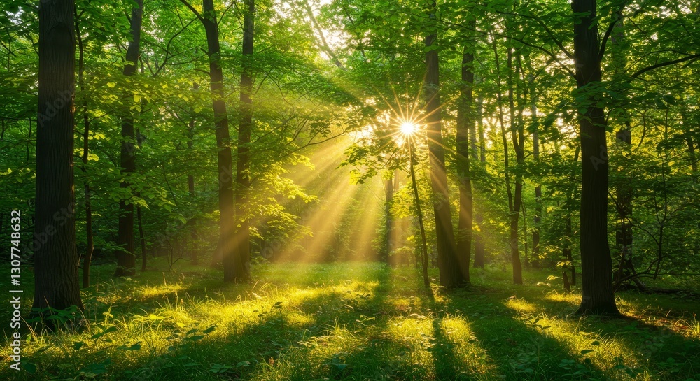 Obraz premium Sunlight Dappled Forest Path - Serene forest scene, sunlight streaming through leaves, symbolizes peace, nature, renewal, growth, and tranquility