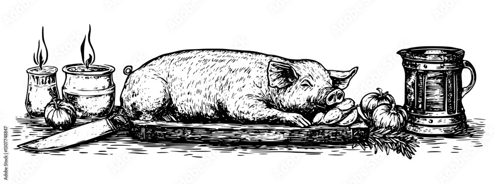 Obraz premium Engraved illustration of a rustic kitchen scene with a pig, candles, and a sturdy knife showcasing culinary tradition