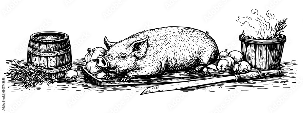 Obraz premium Engraved illustration of a rustic kitchen featuring a pig, fresh vegetables, and cooking utensils