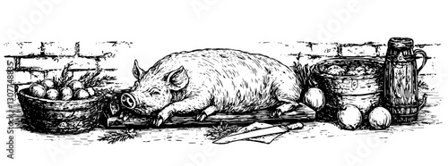 Artisan preparation of a rustic feast with fresh produce and a focus on traditional butchery techniques