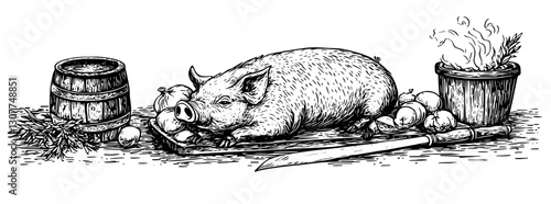 Engraved illustration of a rustic kitchen featuring a pig, fresh vegetables, and cooking utensils