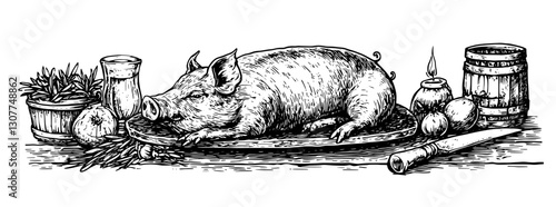 Engraved illustration of a rustic kitchen preparation featuring a pig and various cooking utensils