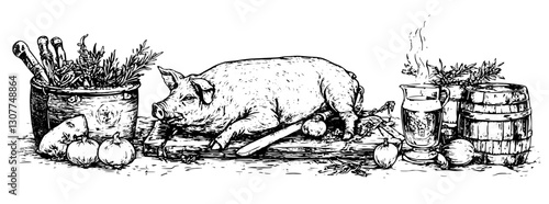 Engraved illustration of a pig surrounded by herbs and kitchen tools, capturing the essence of traditional butchery practices