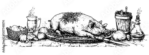 Engraved illustration of a pig displayed on a wooden platter surrounded by rustic kitchen elements and preparations