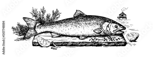 Engraved illustration of a freshly caught fish resting on a wooden board surrounded by herbs and a cozy lakeside cabin in the background