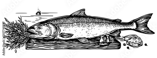 Engraved illustration of a freshly caught fish resting on a wooden board with herbs and cheese beside it, capturing a rustic culinary moment