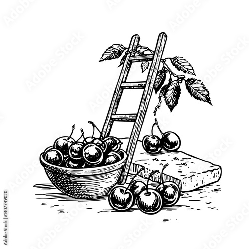 Ladder rests beside a bowl of fresh cherries under a leafy branch amidst a sunlit garden setting