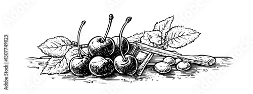 Elegant engraved illustration of ripe cherries with leaves, showcasing nature's bounty in a rustic setting
