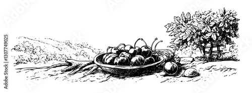 Fresh harvest displayed in an engraved basket surrounded by nature in a serene countryside setting during the afternoon