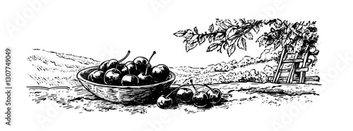 Cherries gathered in a rustic bowl beside a ladder in a lush orchard under a clear sky during harvest time