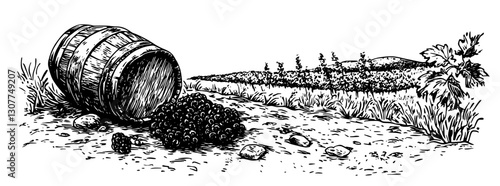 Vineyard harvest showcasing a fallen barrel overflowing with grapes against a picturesque backdrop of rolling hills and lush farmland