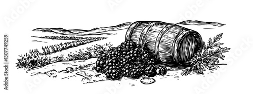 Bountiful harvest of grapes spilled from a wooden barrel in a picturesque vineyard landscape under a clear sky