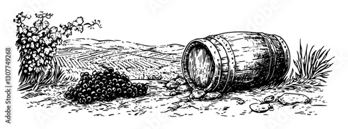 Vibrant vineyard landscape featuring an overturned wine barrel, grapes, and rolling hills at sunset