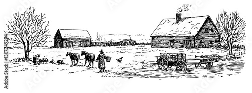 Engraved illustration of a peaceful rural landscape with farm activities at dawn